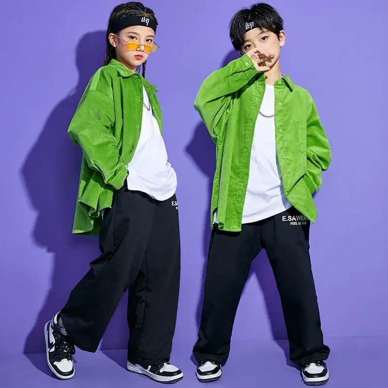 Boys Girls Hip Hop Street Dance Suit Green White Corduroy