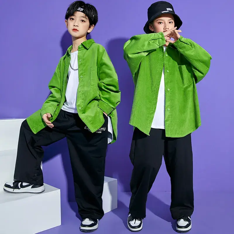 Boys Girls Hip Hop Street Dance Suit Green White Corduroy