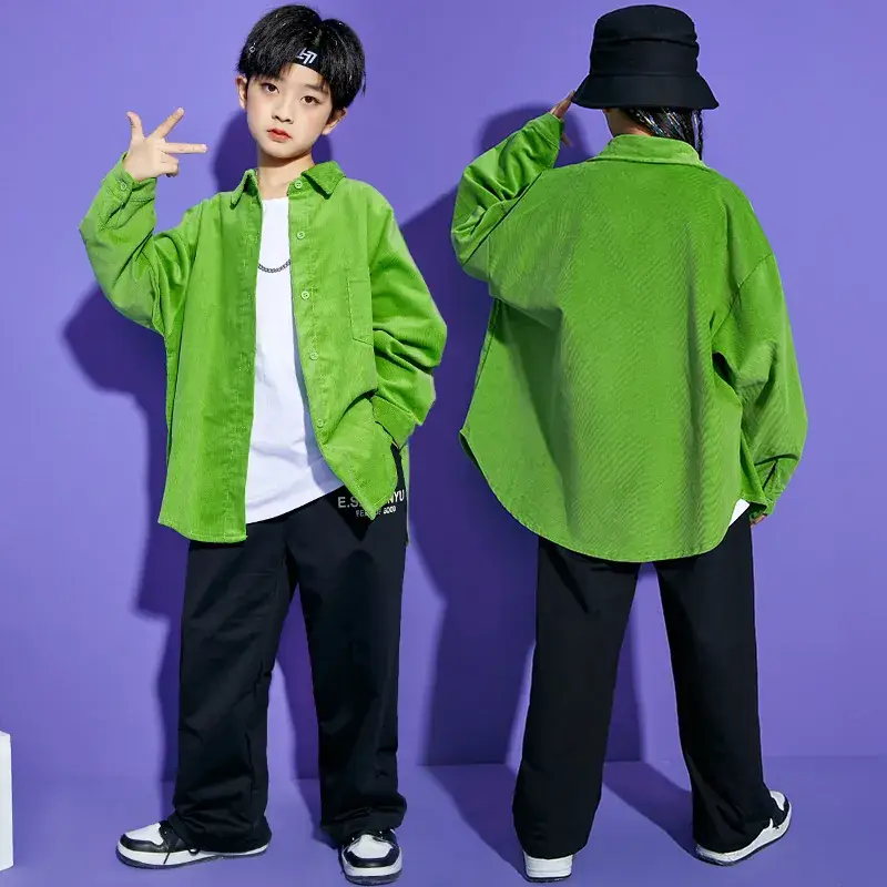 Boys Girls Hip Hop Street Dance Suit Green White Corduroy