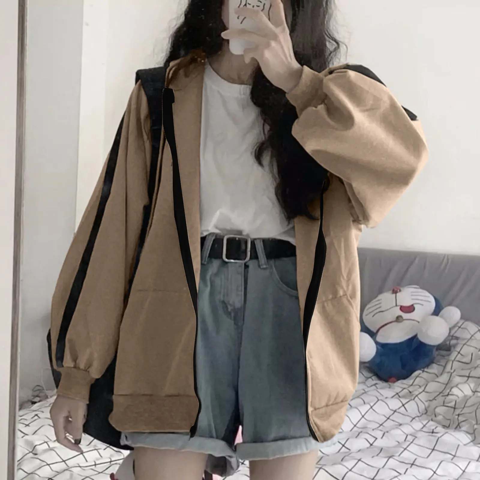 Women Fleece Hoodie Grey Black Long Sleeve Patchwork - Image 3