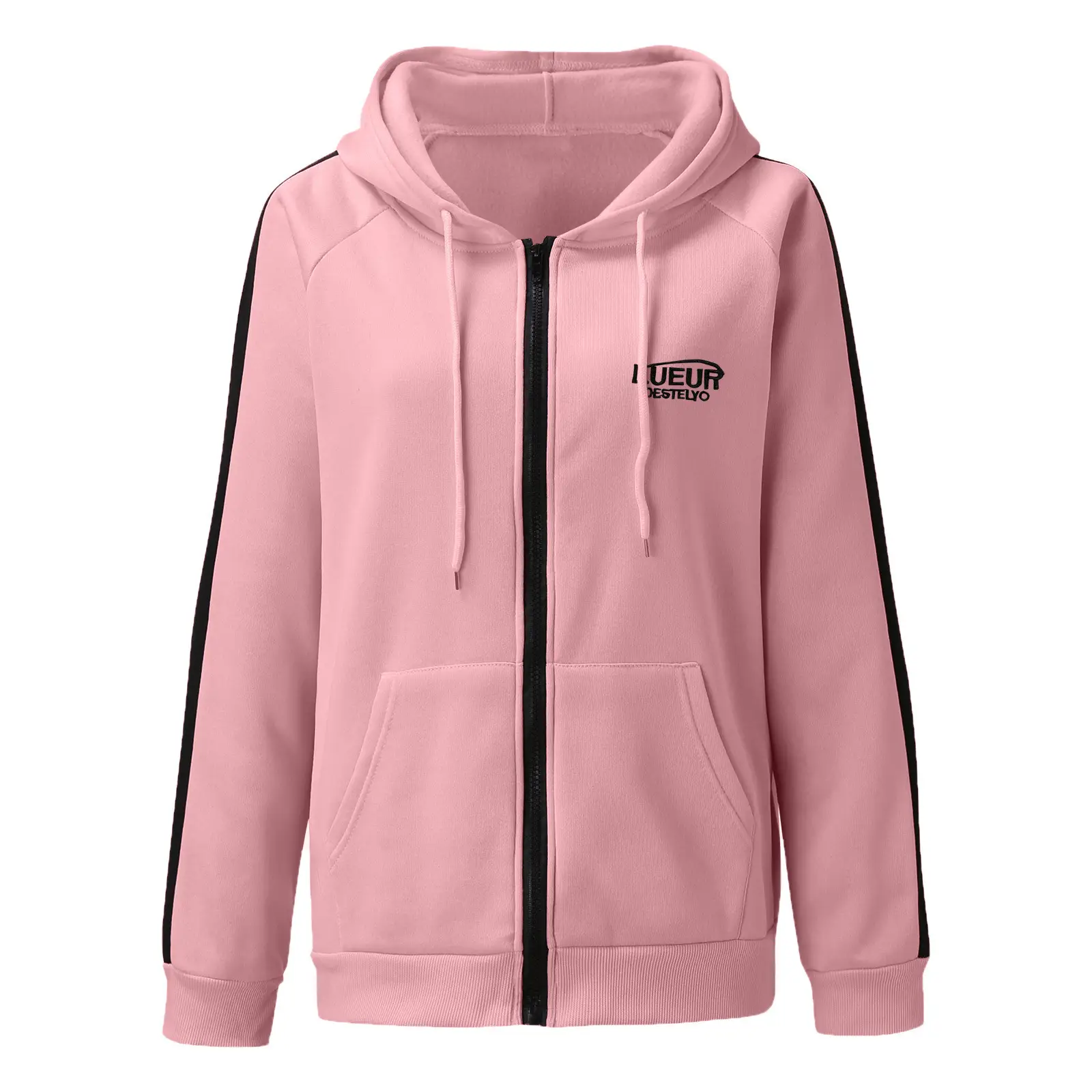 Women Fleece Hoodie Grey Black Long Sleeve Patchwork - Image 6