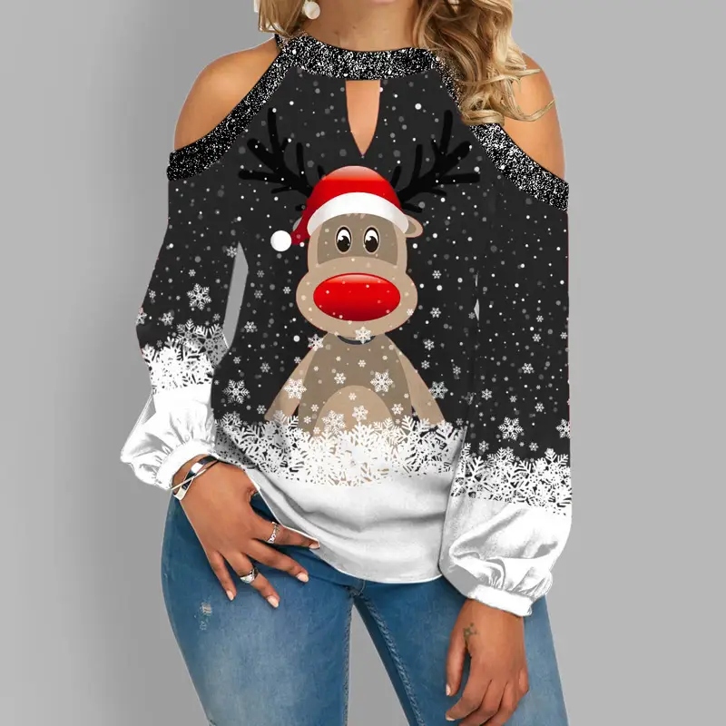 Christmas Deer Print Long Sleeve T-Shirt Women — feature 3