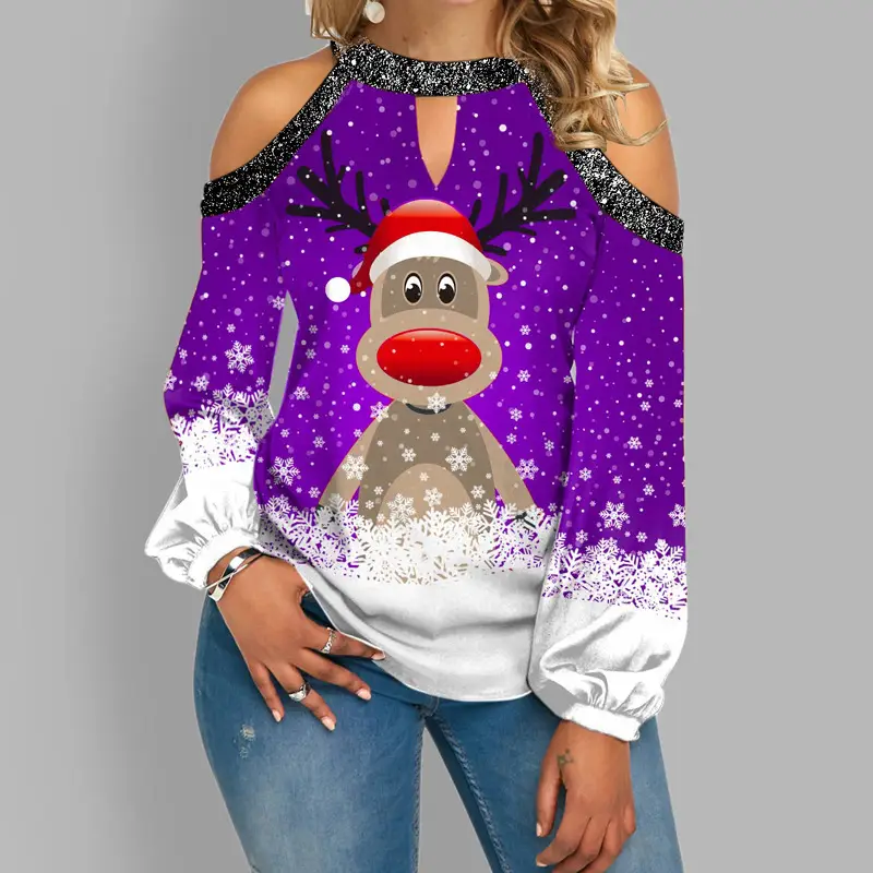 Christmas Deer Print Long Sleeve T-Shirt Women — feature 4