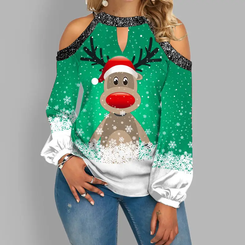 Christmas Deer Print Long Sleeve T-Shirt Women — feature 5