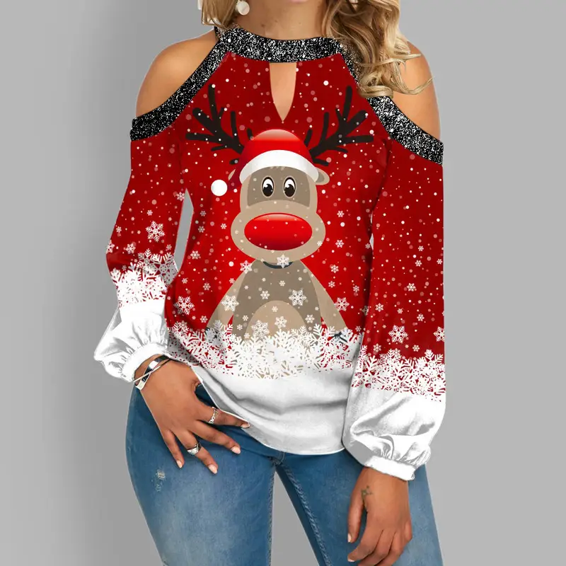 Christmas Deer Print Long Sleeve T-Shirt Women — feature 7