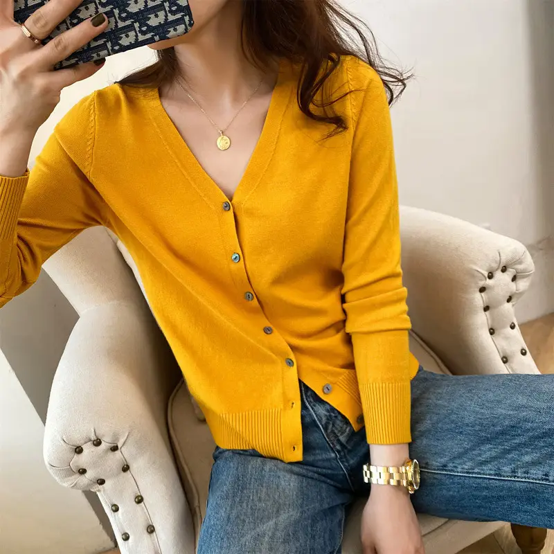 Women's V Neck Knit Wool Cardigan Tan Long Sleeve - Image 28