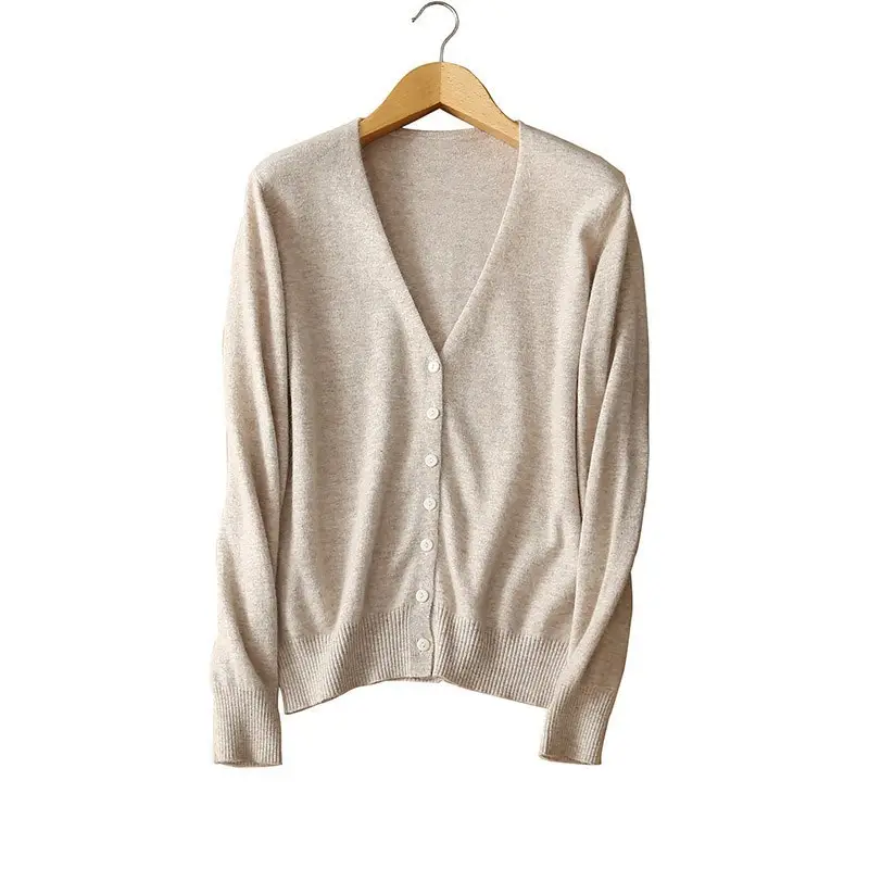 Women's V Neck Knit Wool Cardigan Tan Long Sleeve - Image 29