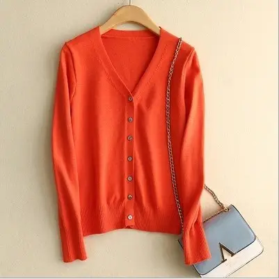 Women's V Neck Knit Wool Cardigan Tan Long Sleeve - Image 11