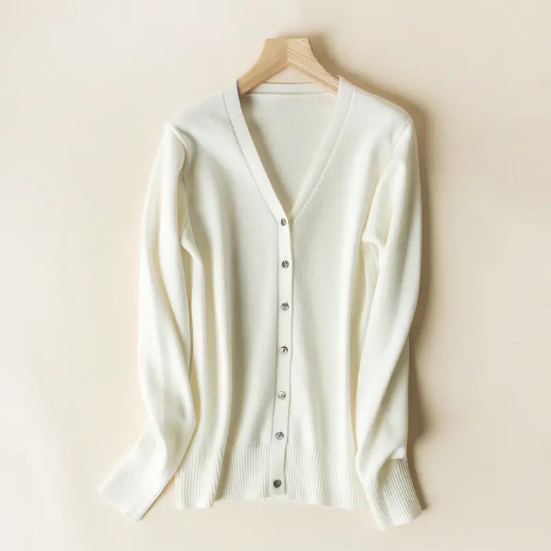 Women's V Neck Knit Wool Cardigan Tan Long Sleeve - Image 14