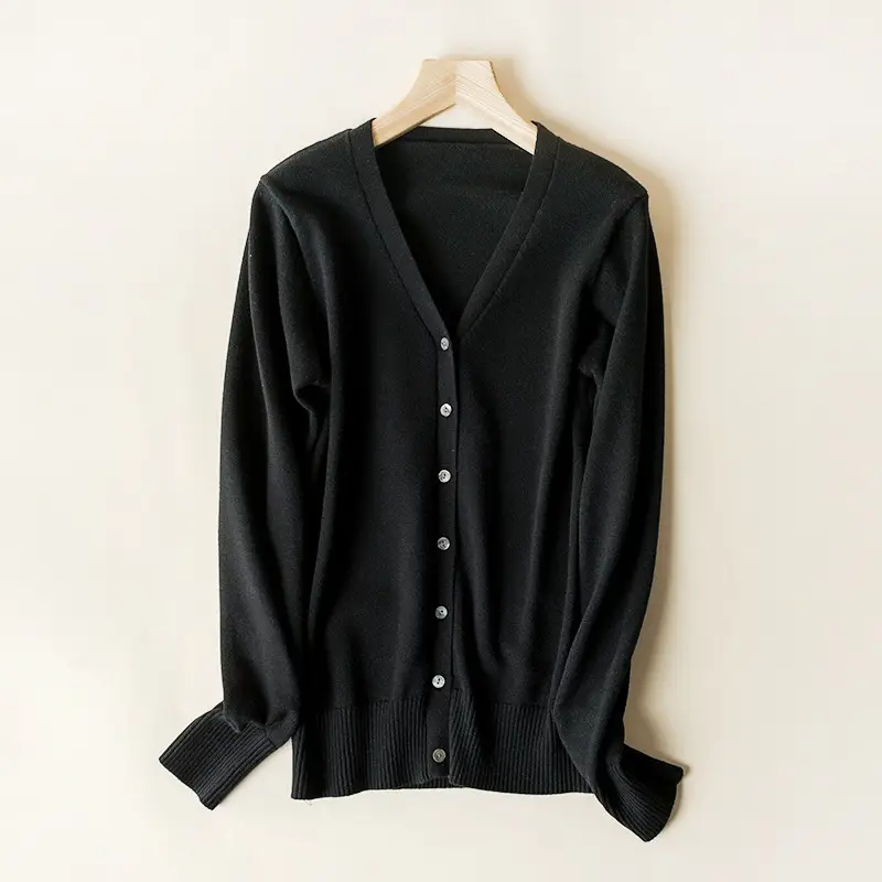 Women's V Neck Knit Wool Cardigan Tan Long Sleeve - Image 16