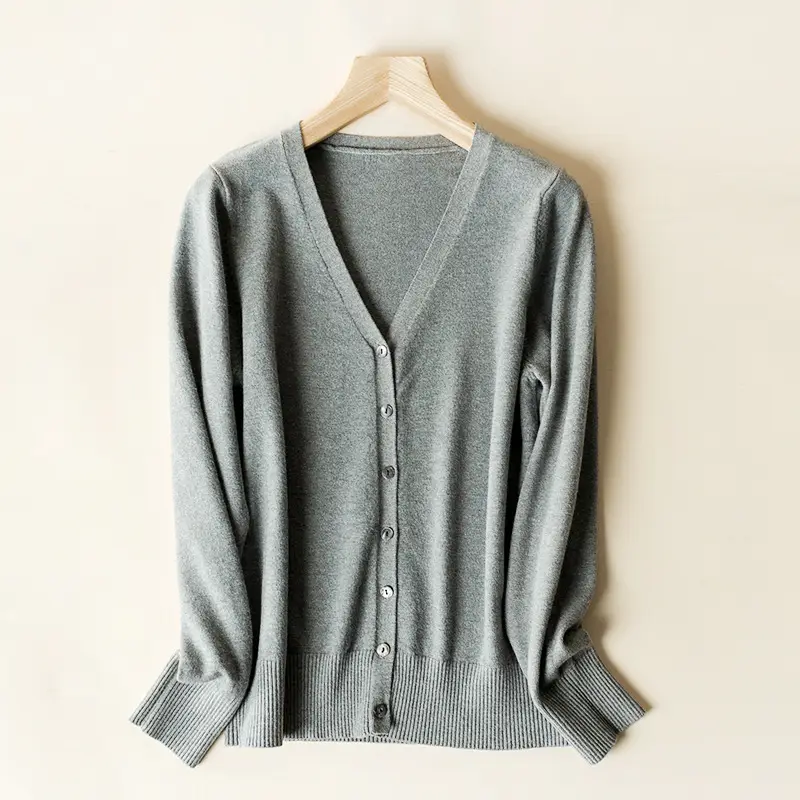 Women's V Neck Knit Wool Cardigan Tan Long Sleeve - Image 17