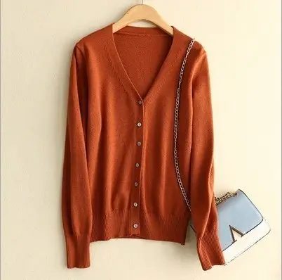 Women's V Neck Knit Wool Cardigan Tan Long Sleeve - Image 19