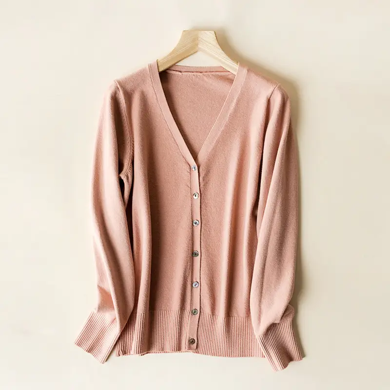 Women's V Neck Knit Wool Cardigan Tan Long Sleeve - Image 20