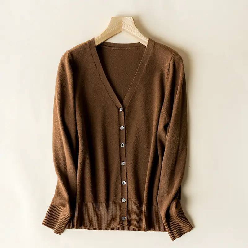 Women's V Neck Knit Wool Cardigan Tan Long Sleeve - Image 21
