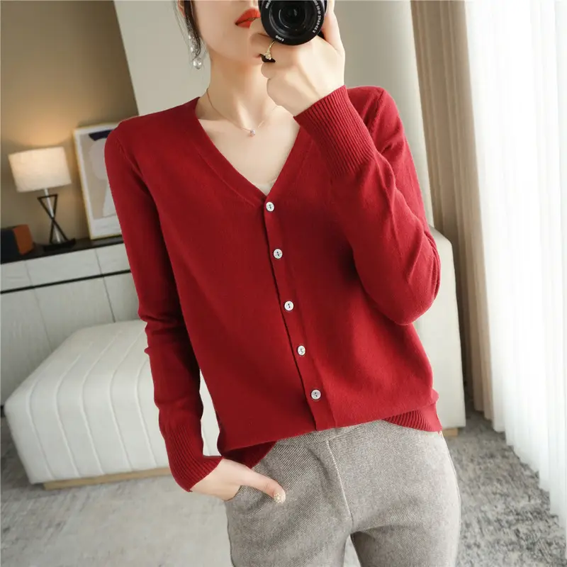 Women's V Neck Knit Wool Cardigan Tan Long Sleeve - Image 22