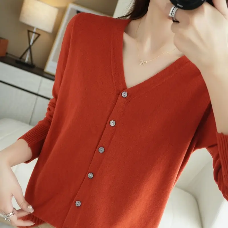 Women's V Neck Knit Wool Cardigan Tan Long Sleeve - Image 23