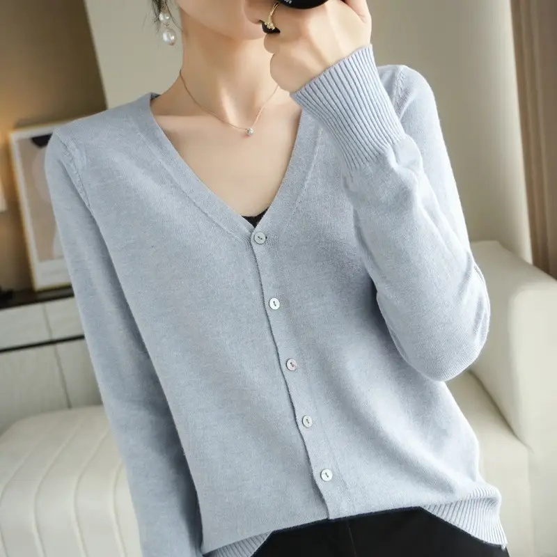 Women's V Neck Knit Wool Cardigan Tan Long Sleeve - Image 24