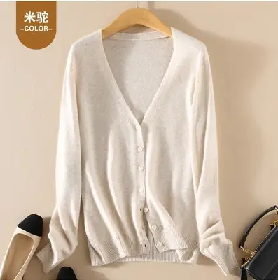 Women's V Neck Knit Wool Cardigan Tan Long Sleeve - Image 4
