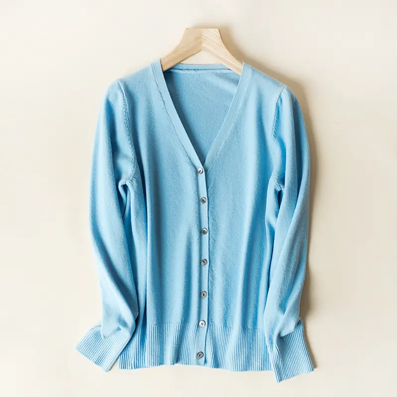 Women's V Neck Knit Wool Cardigan Tan Long Sleeve - Image 8