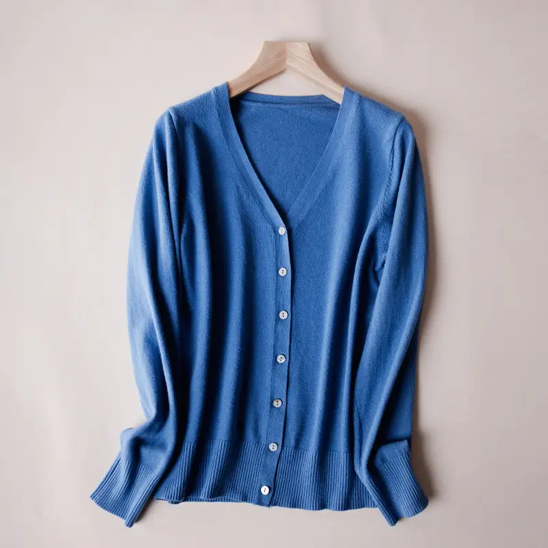 Women's V Neck Knit Wool Cardigan Tan Long Sleeve - Image 9