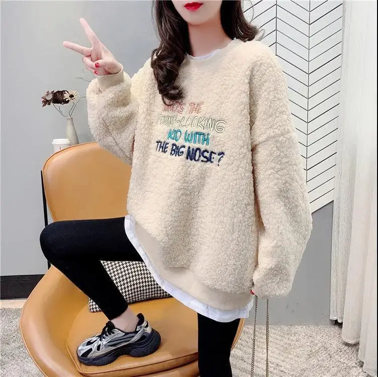 Women Faux Fur Embroidered Sweatshirt Winter Fleece Lined - Image 4
