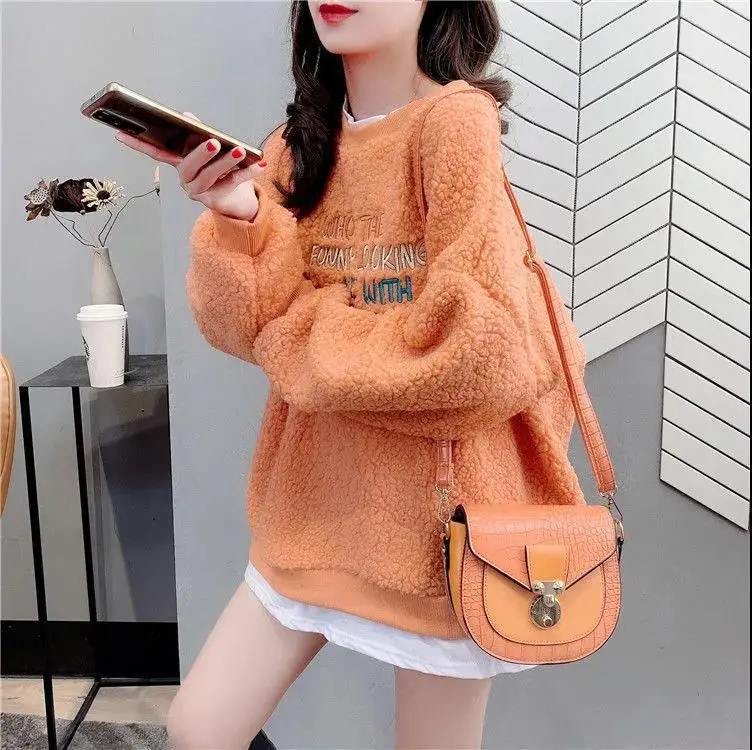 Women Faux Fur Embroidered Sweatshirt Winter Fleece Lined - Image 2