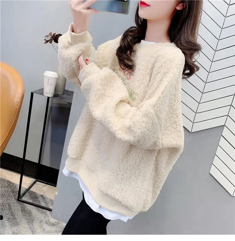 Women Faux Fur Embroidered Sweatshirt Winter Fleece Lined - Image 3