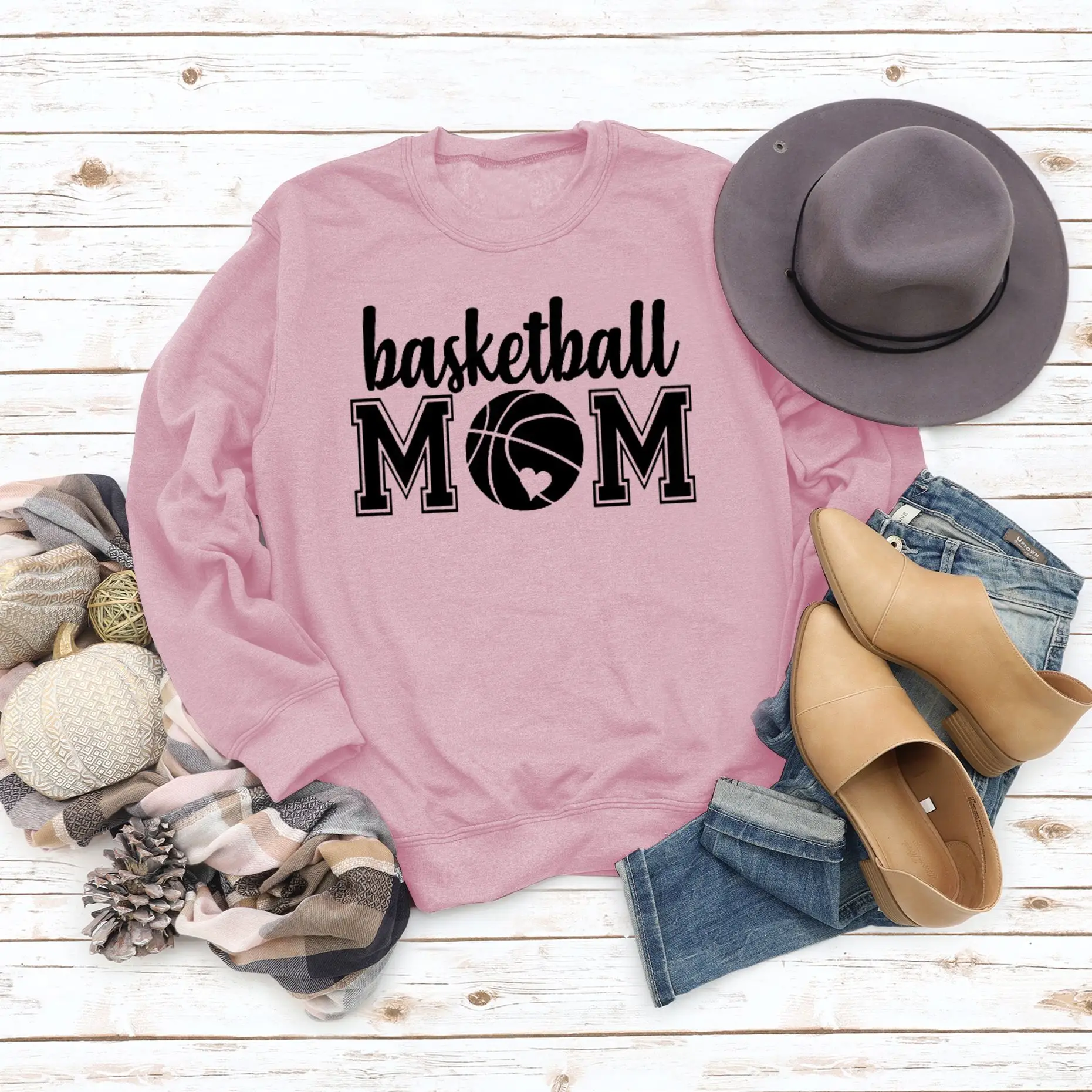 Women Basketball Mom Sweatshirt Maroon Round Neck - Image 3