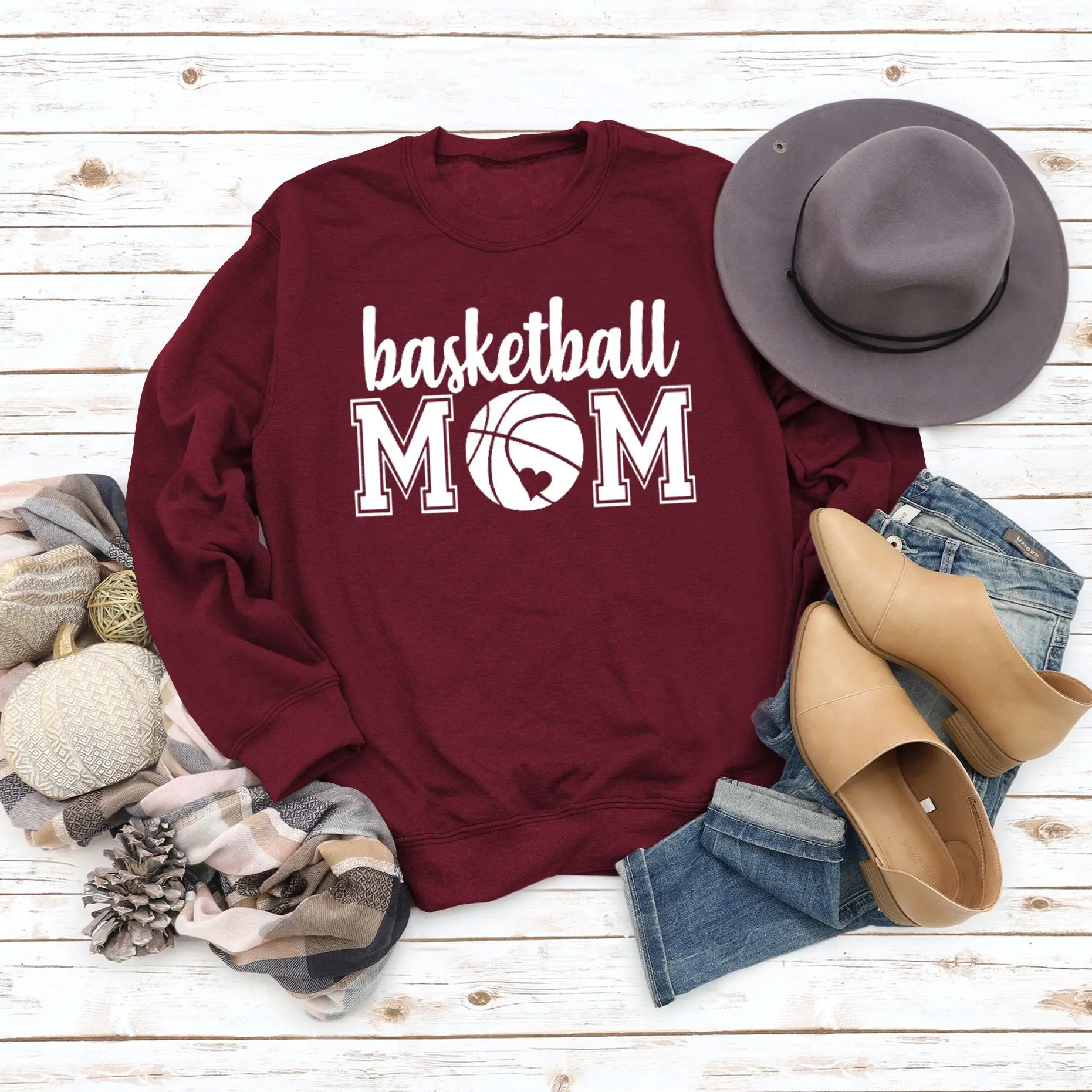 Women Basketball Mom Sweatshirt Maroon Round Neck - Image 6