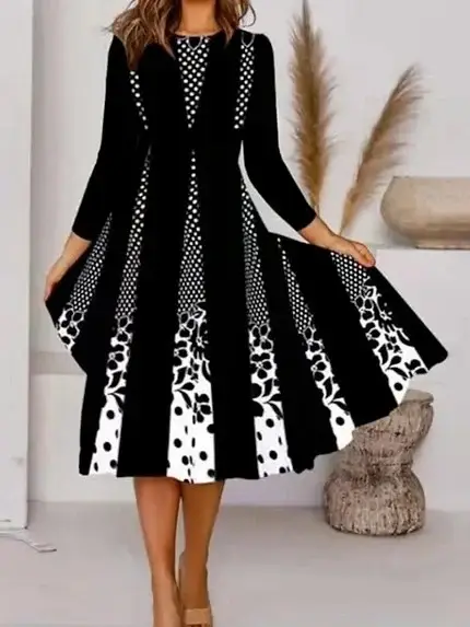 Black Printed Round Neck Seven Sleeve Dress for Women - Image 16