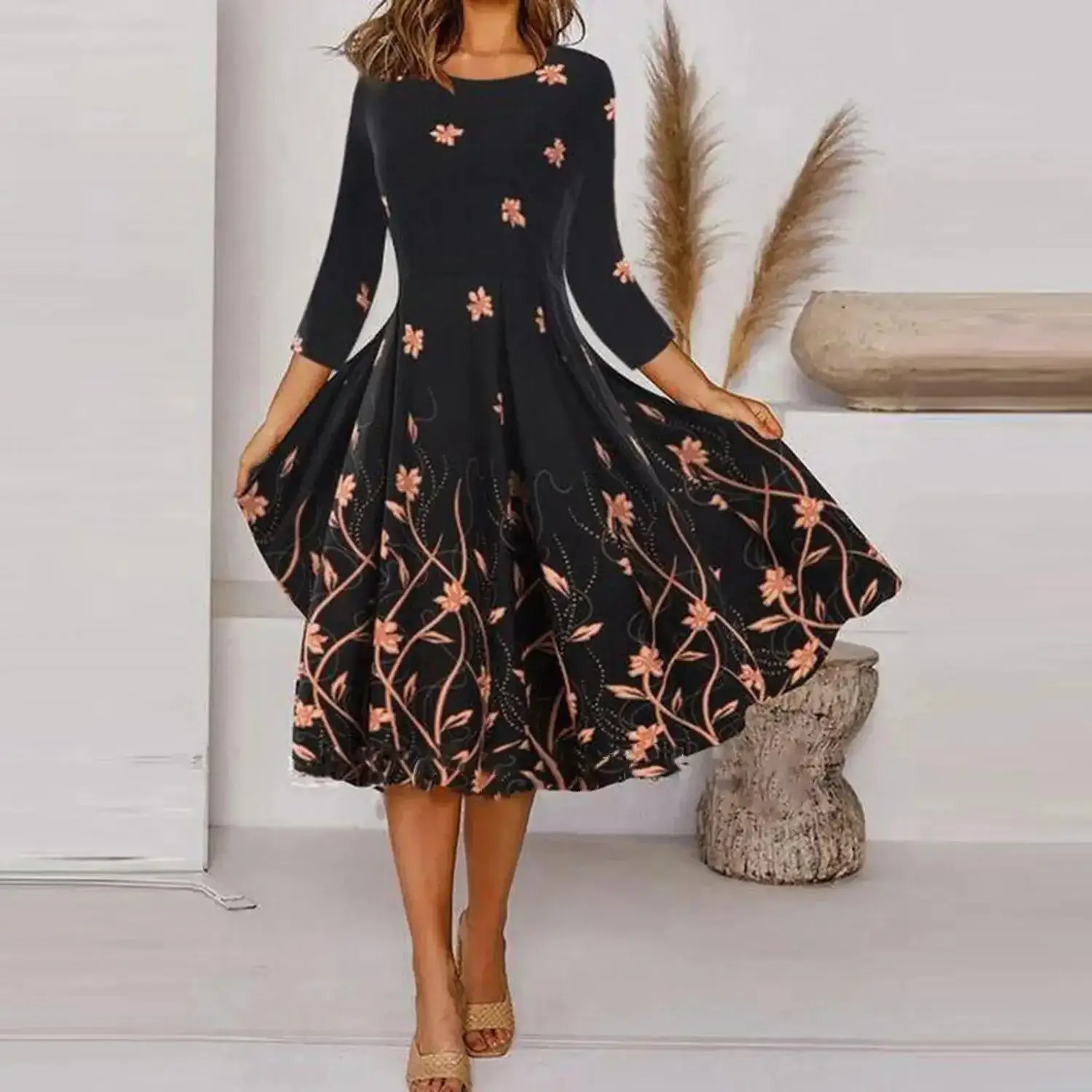 Black Printed Round Neck Seven Sleeve Dress for Women - Image 2