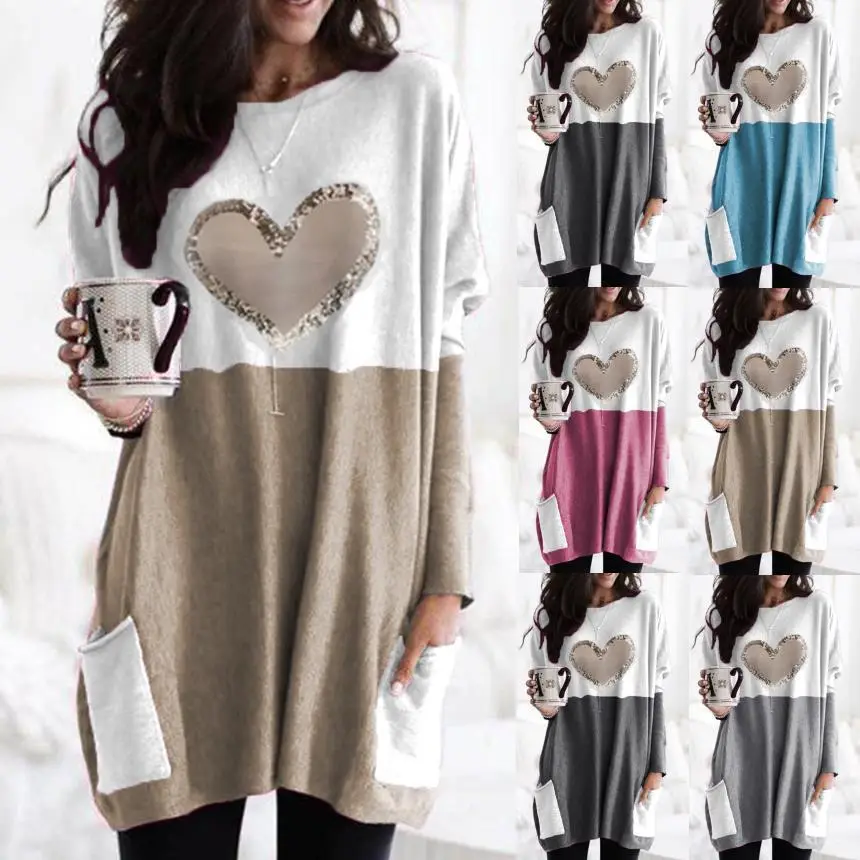 Women Heart Printed Long Sleeve T-Shirt Blue White - Image 6
