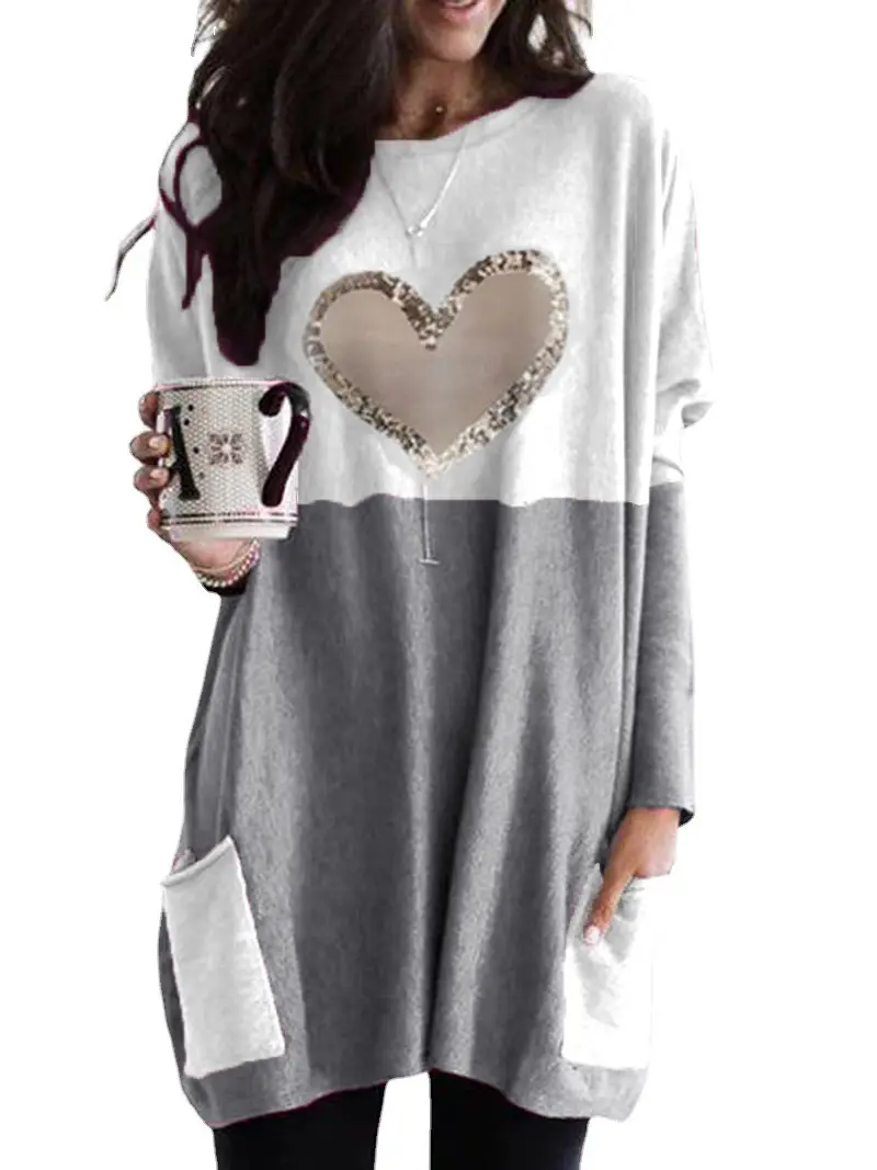 Women Heart Printed Long Sleeve T-Shirt Blue White - Image 7