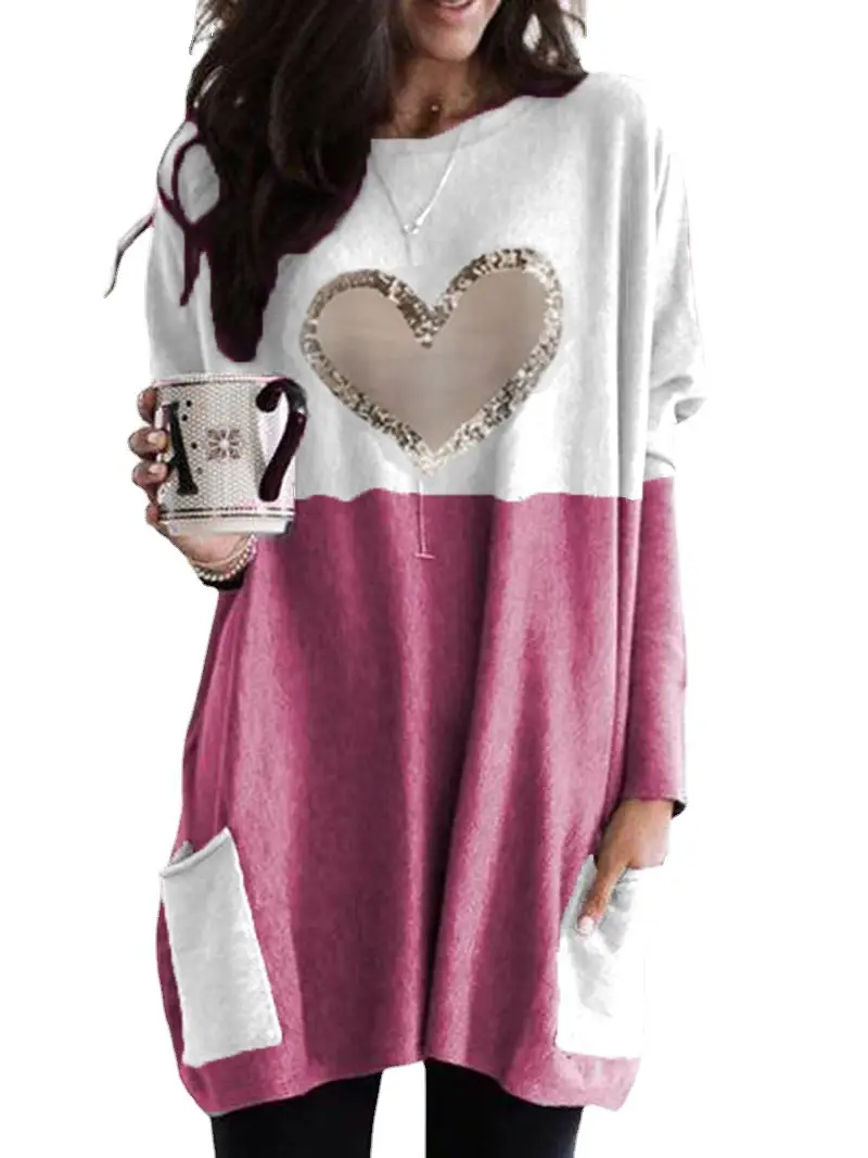 Women Heart Printed Long Sleeve T-Shirt Blue White - Image 8