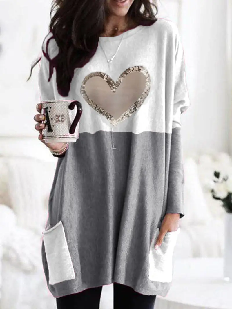 Women Heart Printed Long Sleeve T-Shirt Blue White - Image 2