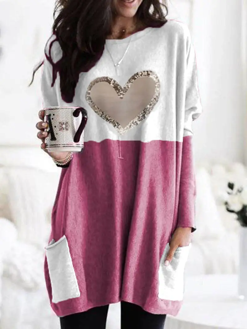 Women Heart Printed Long Sleeve T-Shirt Blue White - Image 3