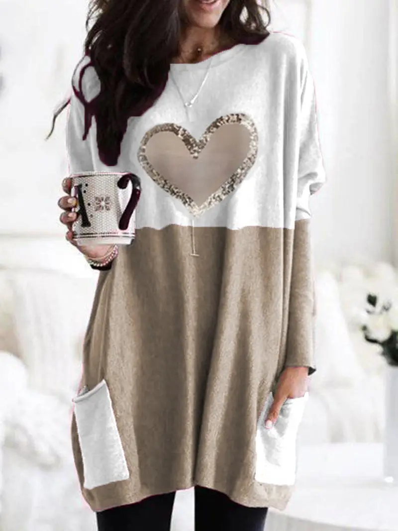 Women Heart Printed Long Sleeve T-Shirt Blue White - Image 4