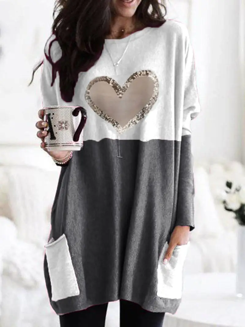 Women Heart Printed Long Sleeve T-Shirt Blue White - Image 5