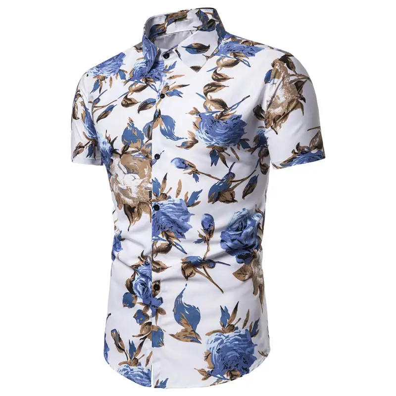 Men's Floral Lapel Shirt Black Rose Print Short Sleeve