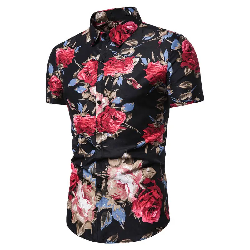 Men's Floral Lapel Shirt Black Rose Print Short Sleeve