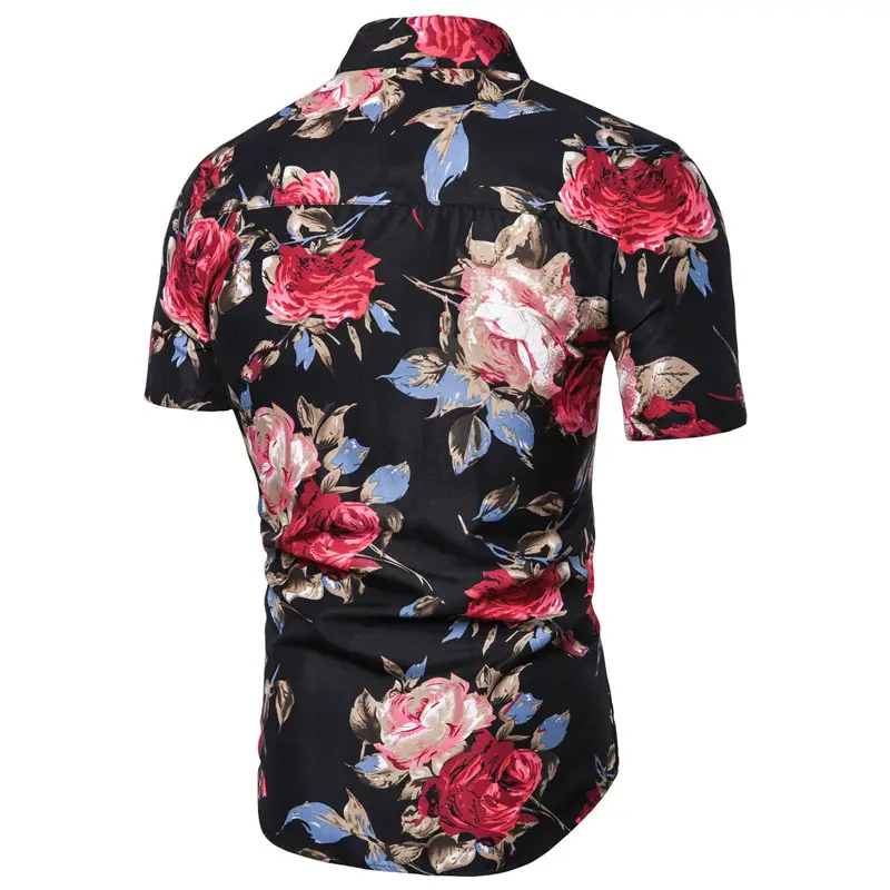 Men's Floral Lapel Shirt Black Rose Print Short Sleeve — feature 9
