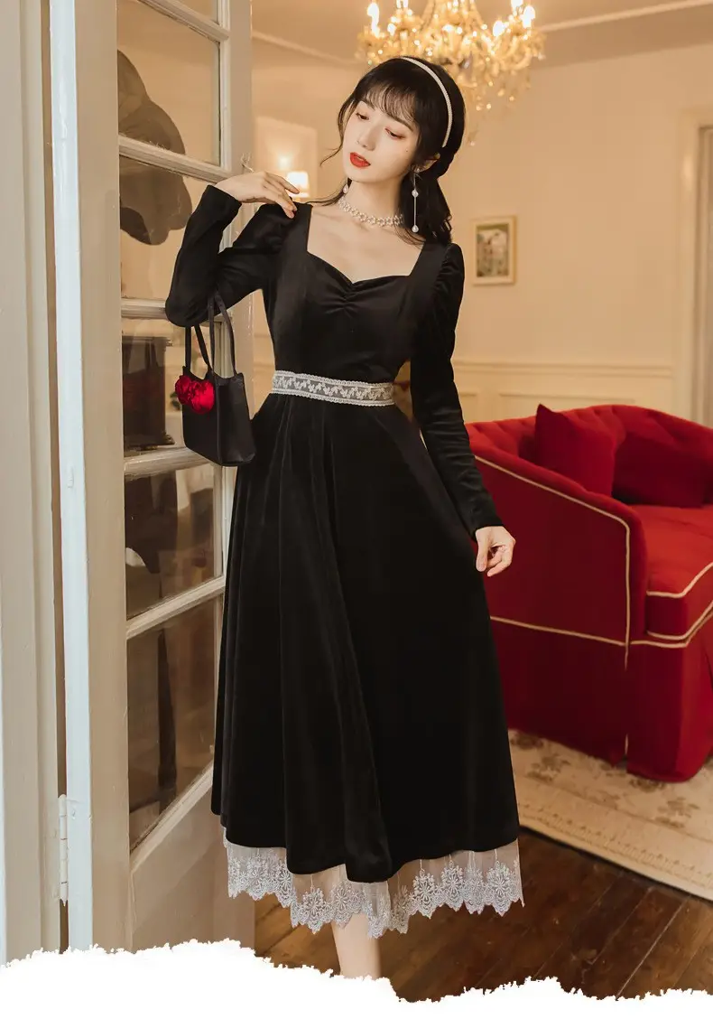 Black V-Neck Long Skirt Dress for Women 2025 - Image 5