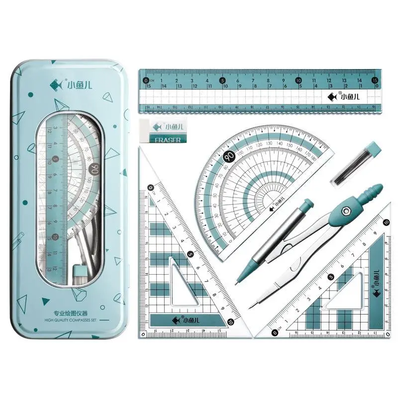 Cute compasses ruler suit triangle ruler primary school student stationery set ruler multifunctional junior high school student drawing metal ruler