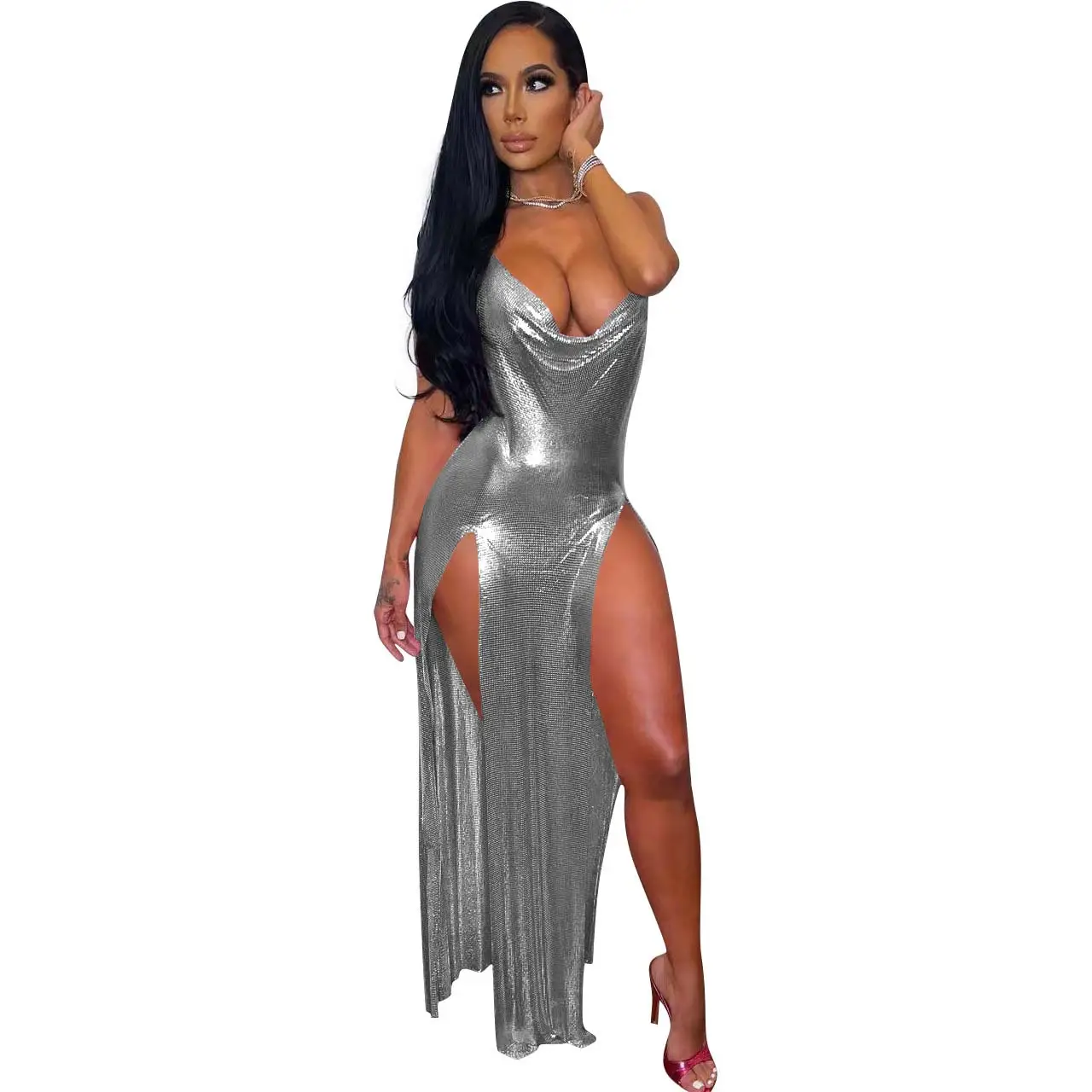 Blue Flashy Backless Halterneck Dress for Women - Image 2