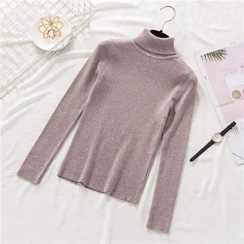 Women Grey Knit Turtleneck Long Sleeve Winter Sweater - Image 2
