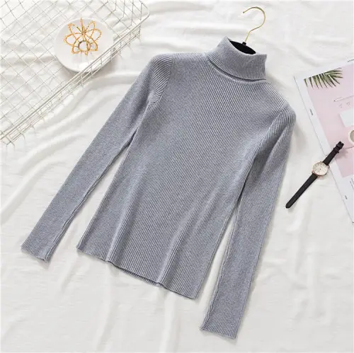 Women Grey Knit Turtleneck Long Sleeve Winter Sweater - Image 3