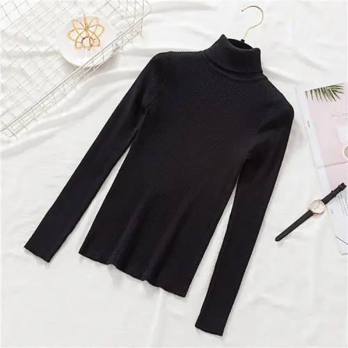 Women Grey Knit Turtleneck Long Sleeve Winter Sweater - Image 4
