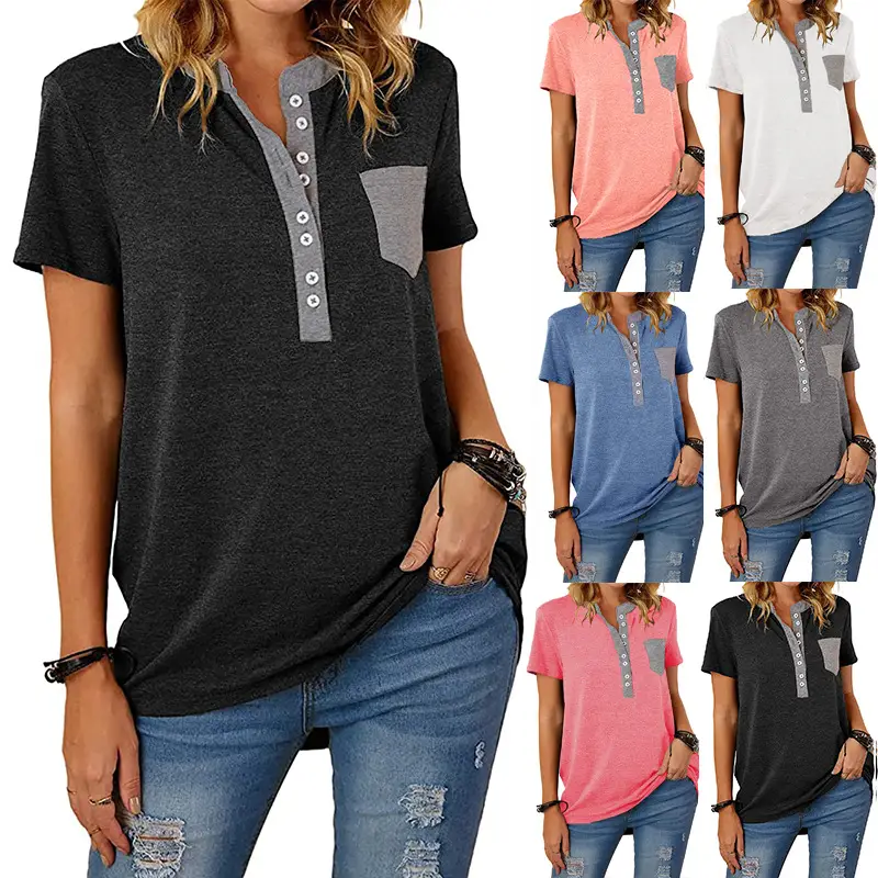 Women Flap Pocket T-Shirt Pink Spinning Loose Sleeve - Image 7