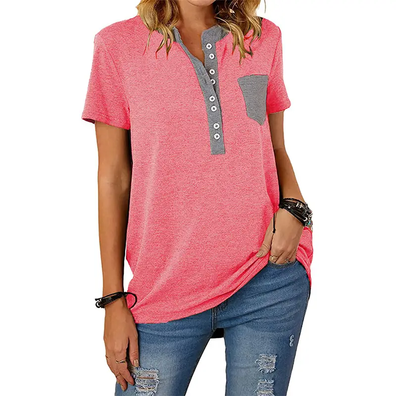 Women Flap Pocket T-Shirt Pink Spinning Loose Sleeve - Image 6