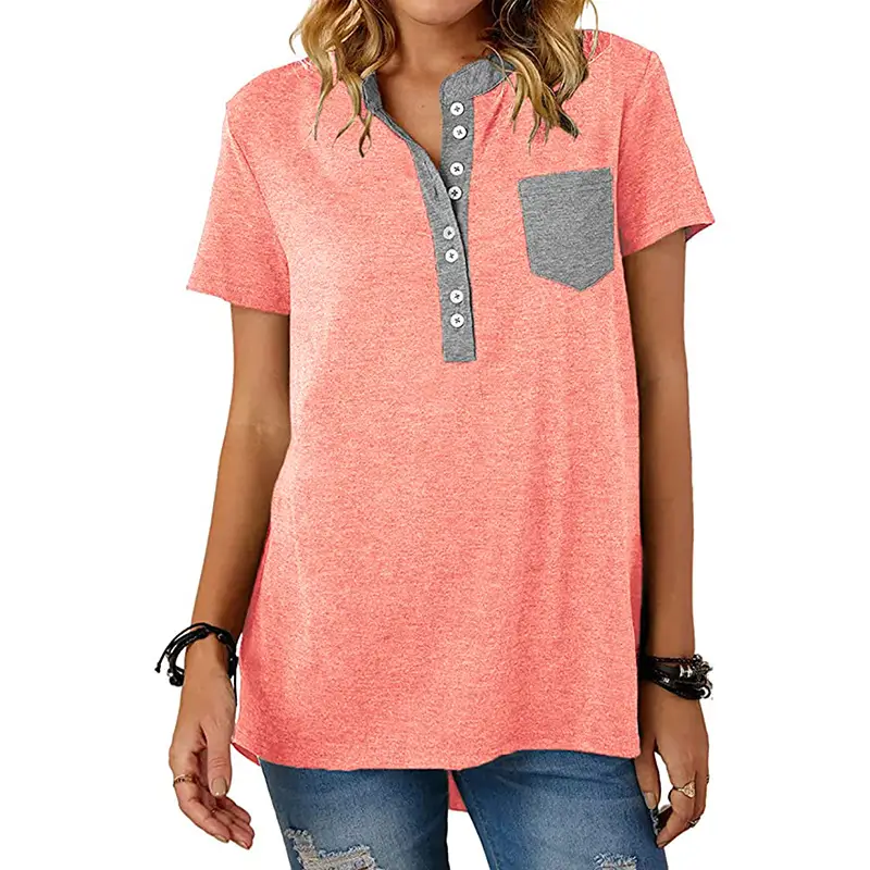 Women Flap Pocket T-Shirt Pink Spinning Loose Sleeve - Image 2